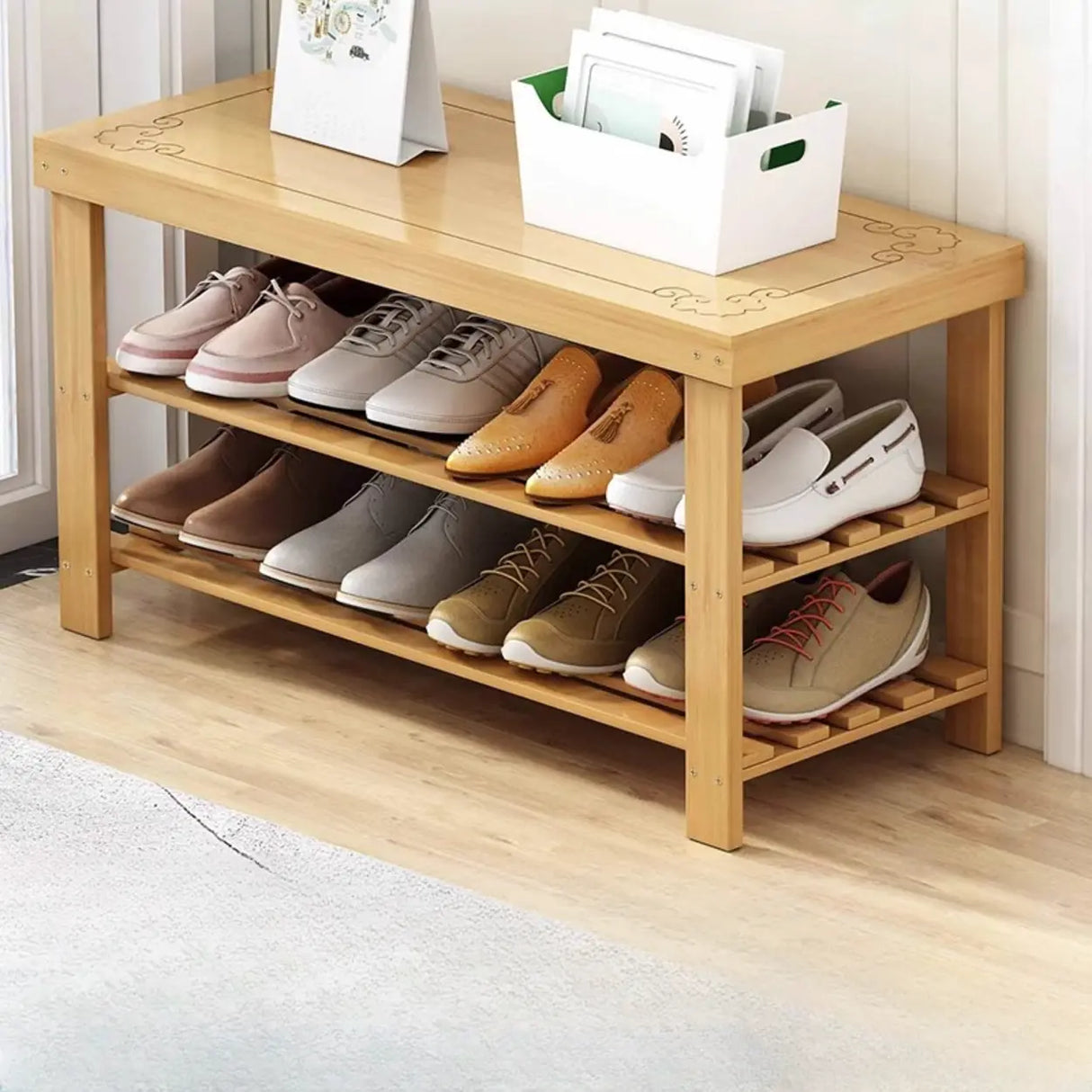 Freestanding Wood Bench Entryway Brown Medium Shoe Rack Image - 19