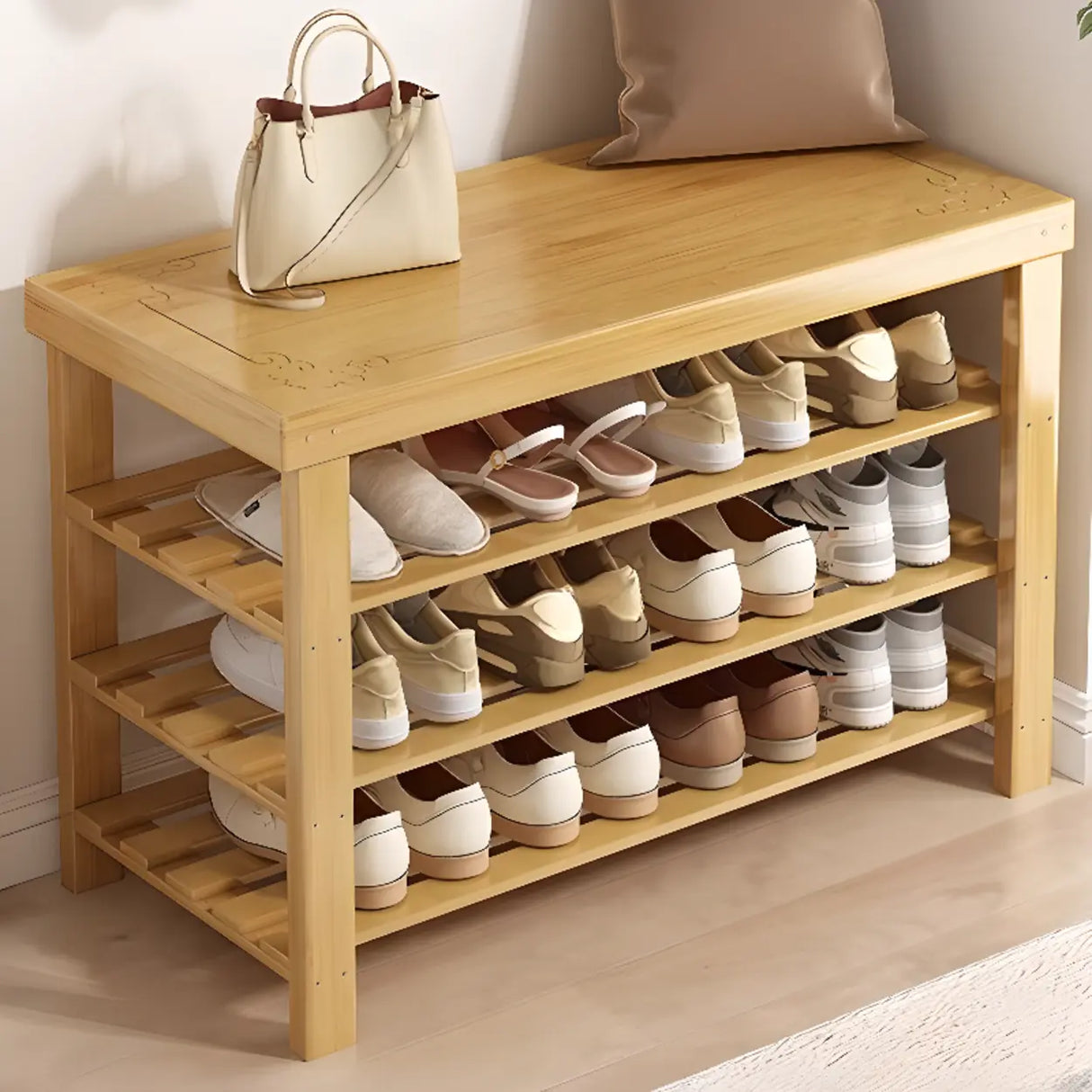 Freestanding Wood Bench Entryway Brown Medium Shoe Rack Image - 20