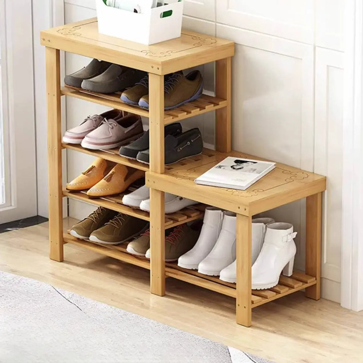Freestanding Wood Bench Entryway Brown Medium Shoe Rack Image - 21