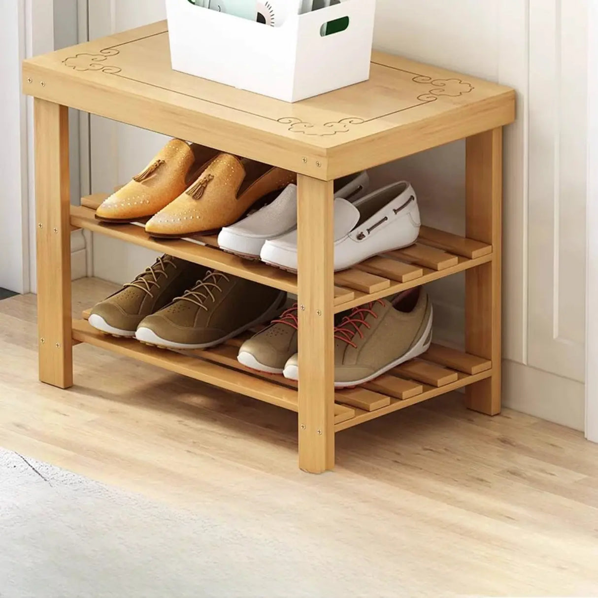 Freestanding Wood Bench Entryway Brown Medium Shoe Rack Image - 22
