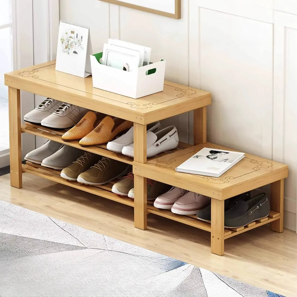Freestanding Wood Bench Entryway Brown Medium Shoe Rack Image - 23