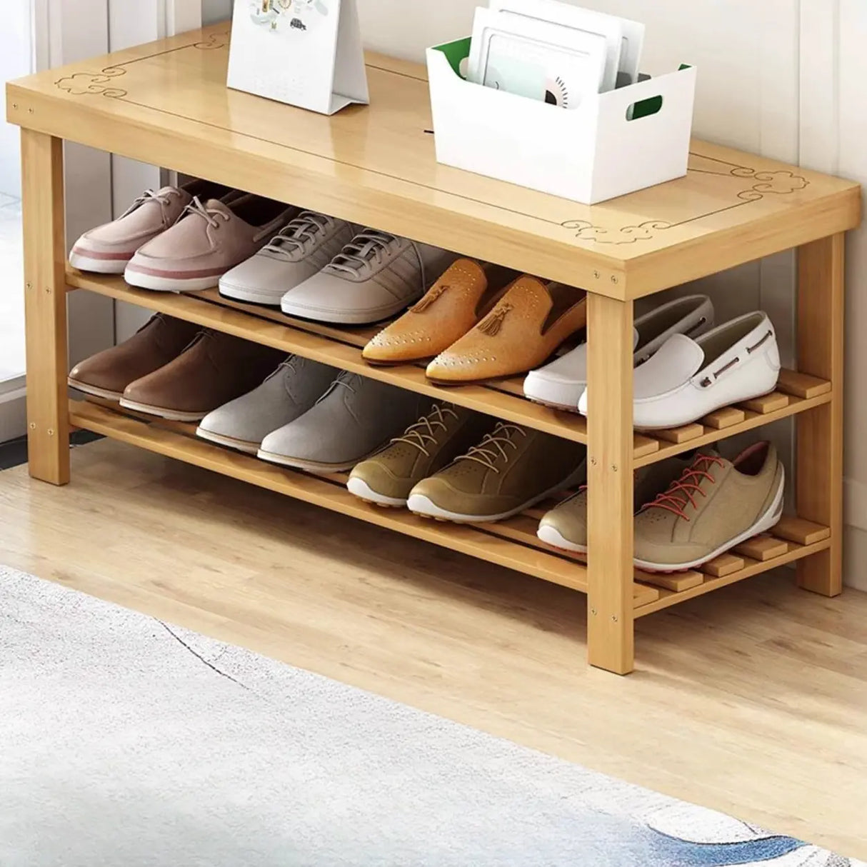 Freestanding Wood Bench Entryway Brown Medium Shoe Rack Image - 24