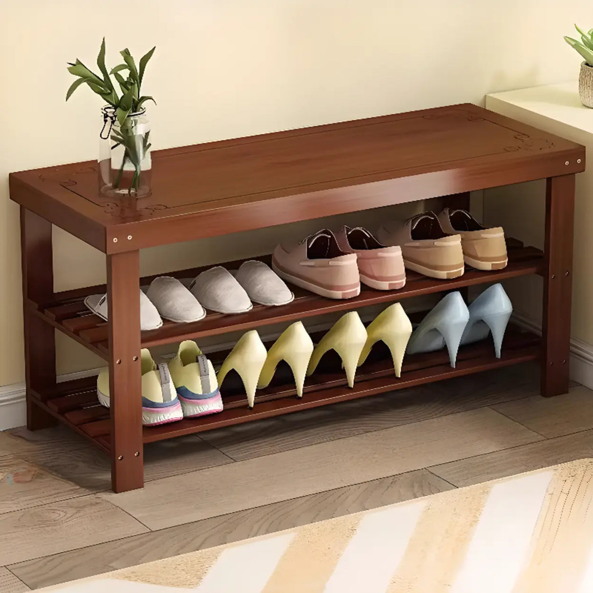 Freestanding Wood Bench Entryway Brown Medium Shoe Rack Image - 25
