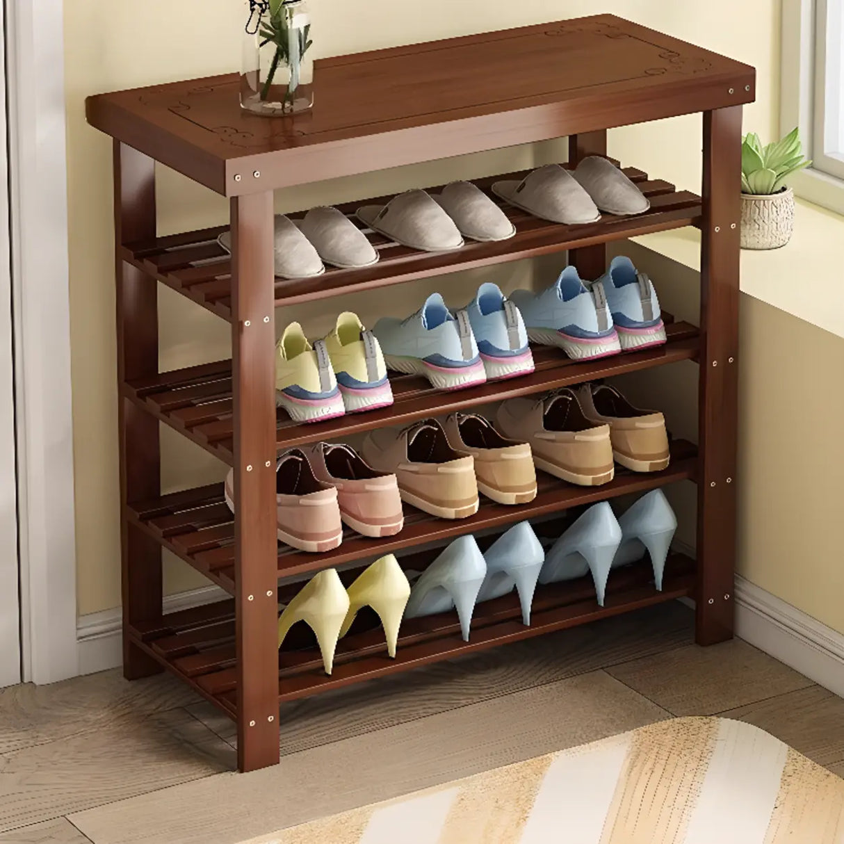 Freestanding Wood Bench Entryway Brown Medium Shoe Rack Image - 26