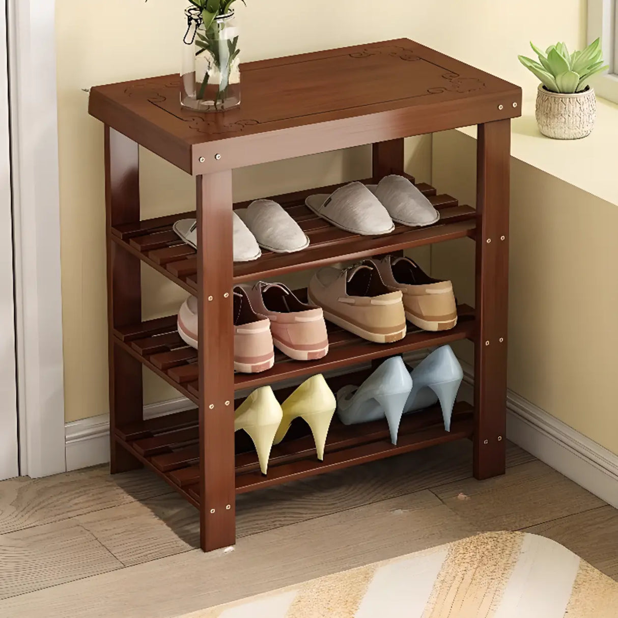 Freestanding Wood Bench Entryway Brown Medium Shoe Rack Image - 27