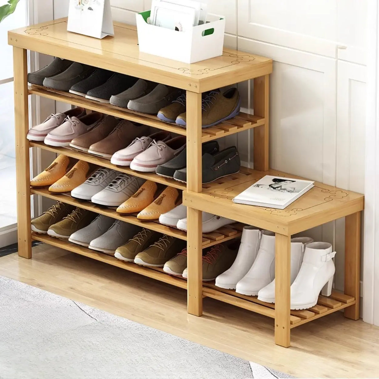 Freestanding Wood Bench Entryway Brown Medium Shoe Rack Image - 29