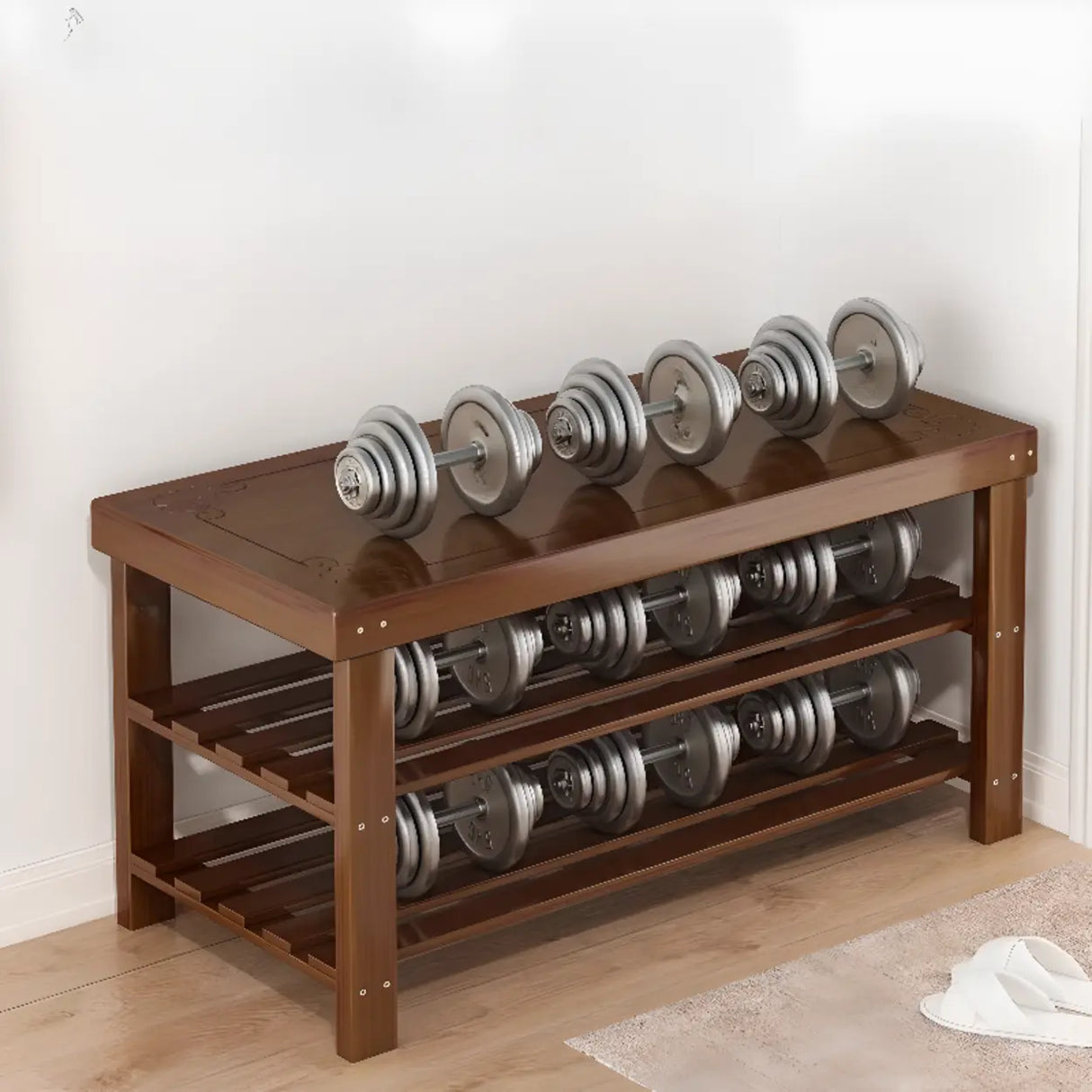 Freestanding Wood Bench Entryway Brown Medium Shoe Rack Image - 2