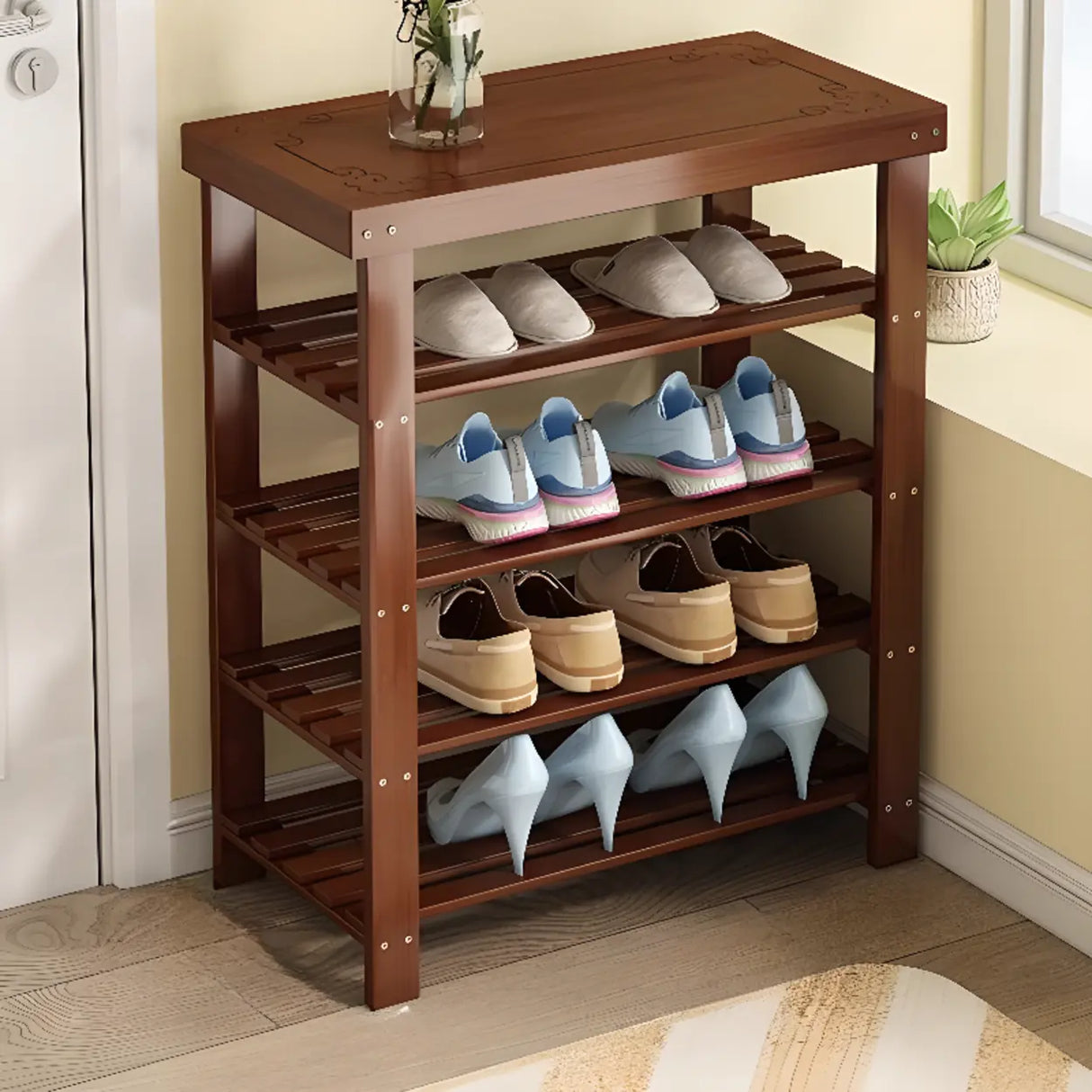 Freestanding Wood Bench Entryway Brown Medium Shoe Rack Image - 30