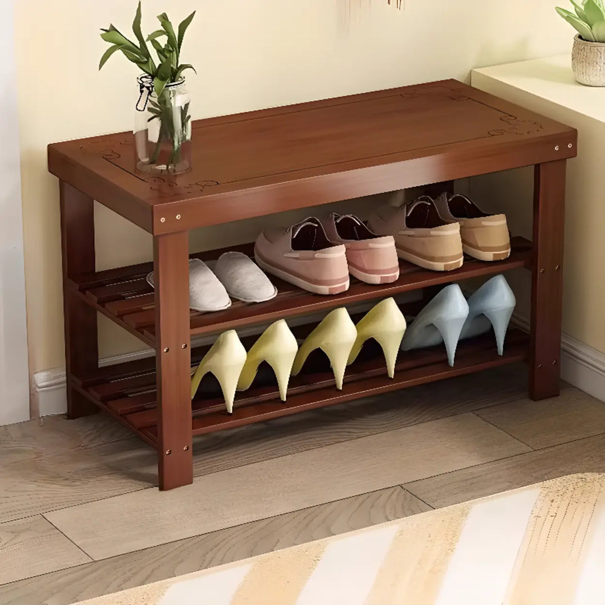 Freestanding Wood Bench Entryway Brown Medium Shoe Rack Image - 31
