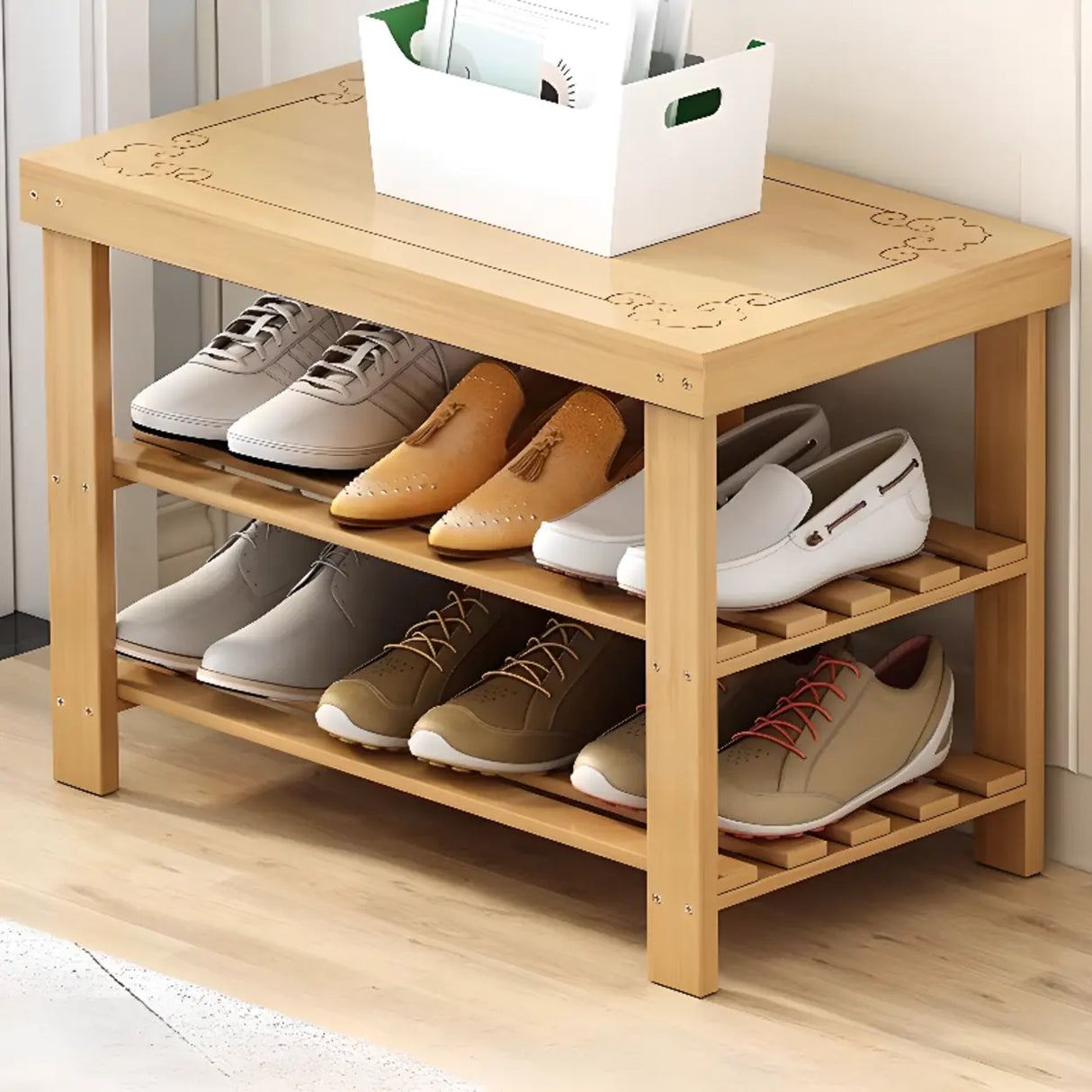 Freestanding Wood Bench Entryway Brown Medium Shoe Rack Image - 32