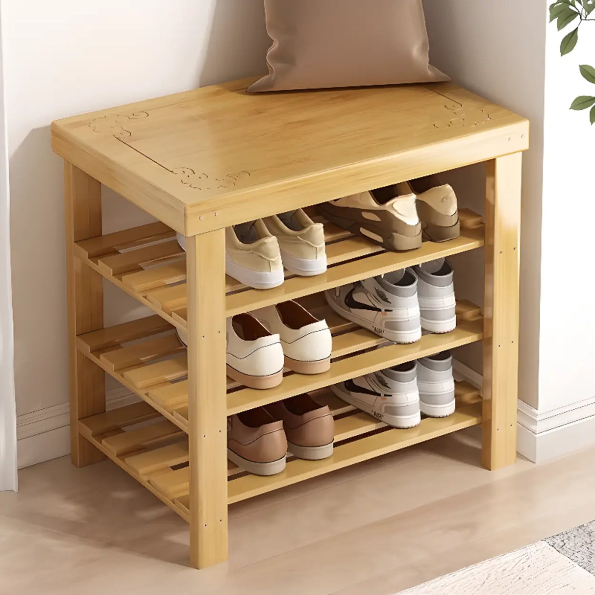 Freestanding Wood Bench Entryway Brown Medium Shoe Rack Image - 33