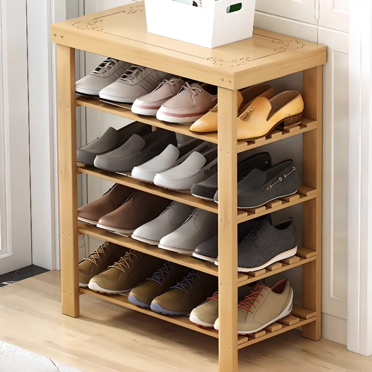 Freestanding Wood Bench Entryway Brown Medium Shoe Rack Image - 34