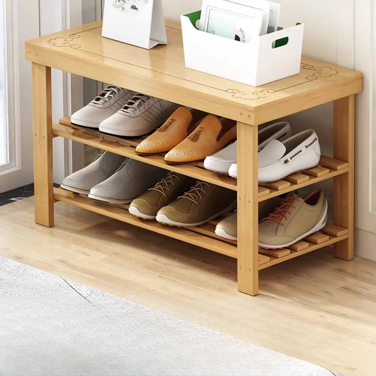 Freestanding Wood Bench Entryway Brown Medium Shoe Rack Image - 35