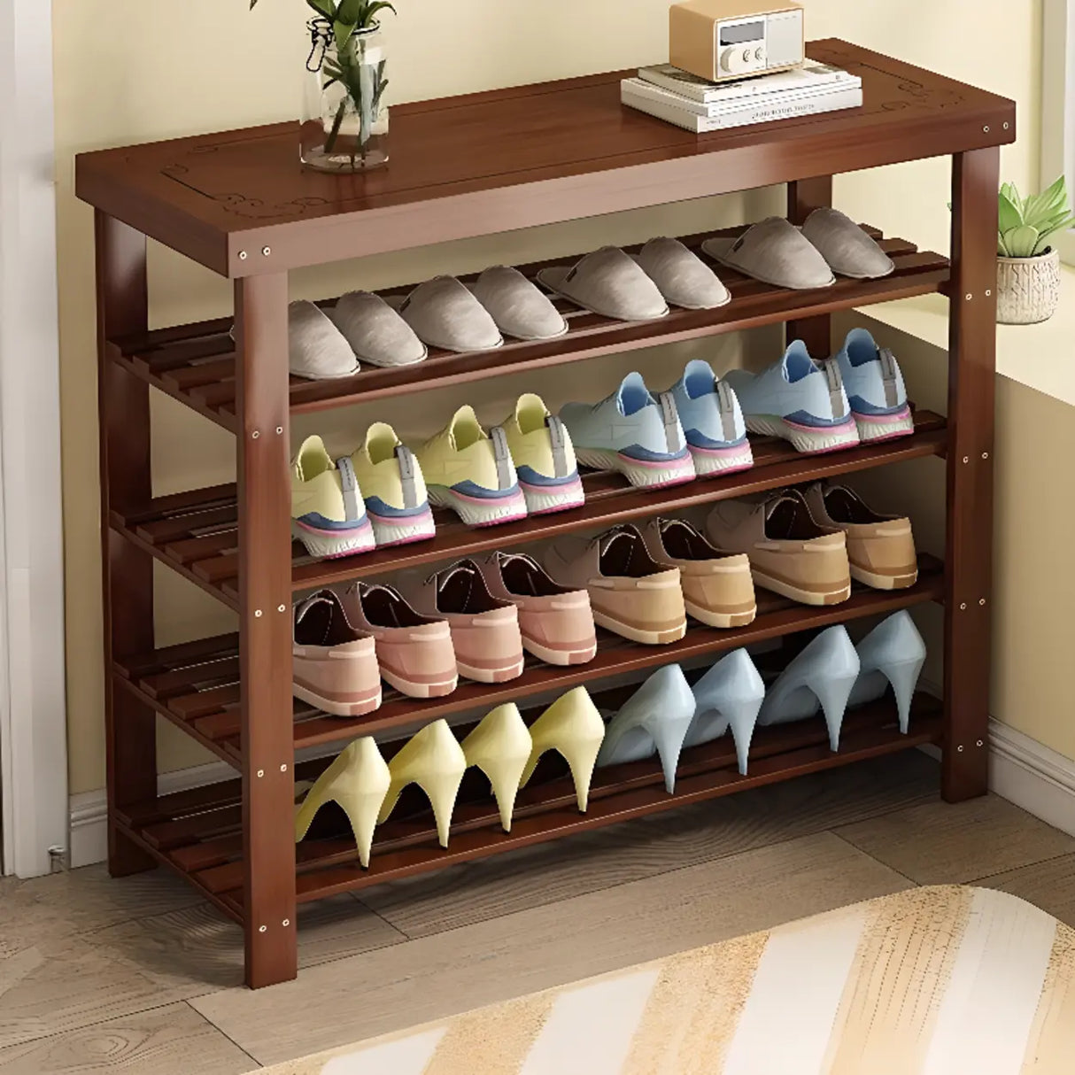 Freestanding Wood Bench Entryway Brown Medium Shoe Rack Image - 36