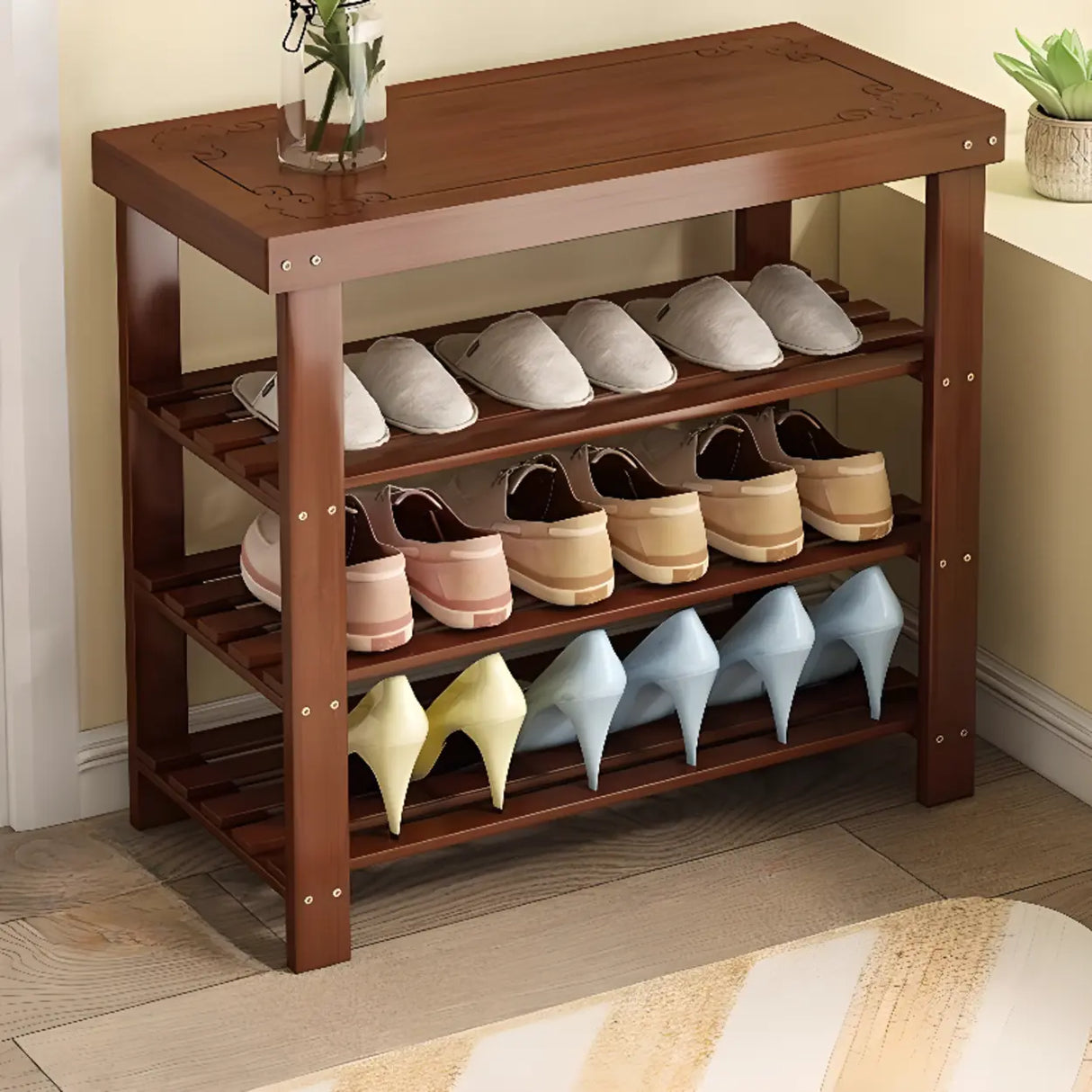 Freestanding Wood Bench Entryway Brown Medium Shoe Rack Image - 38