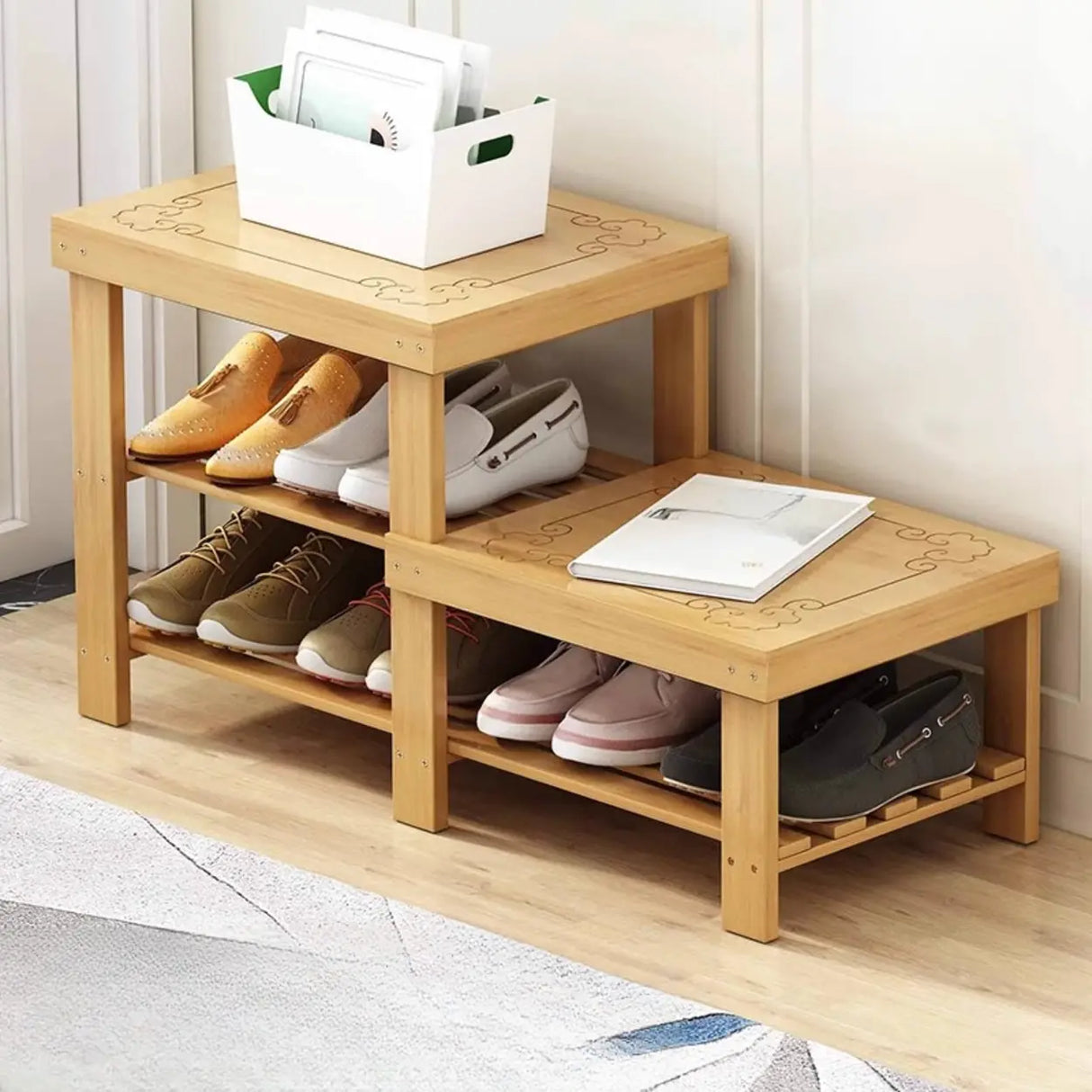 Freestanding Wood Bench Entryway Brown Medium Shoe Rack Image - 39