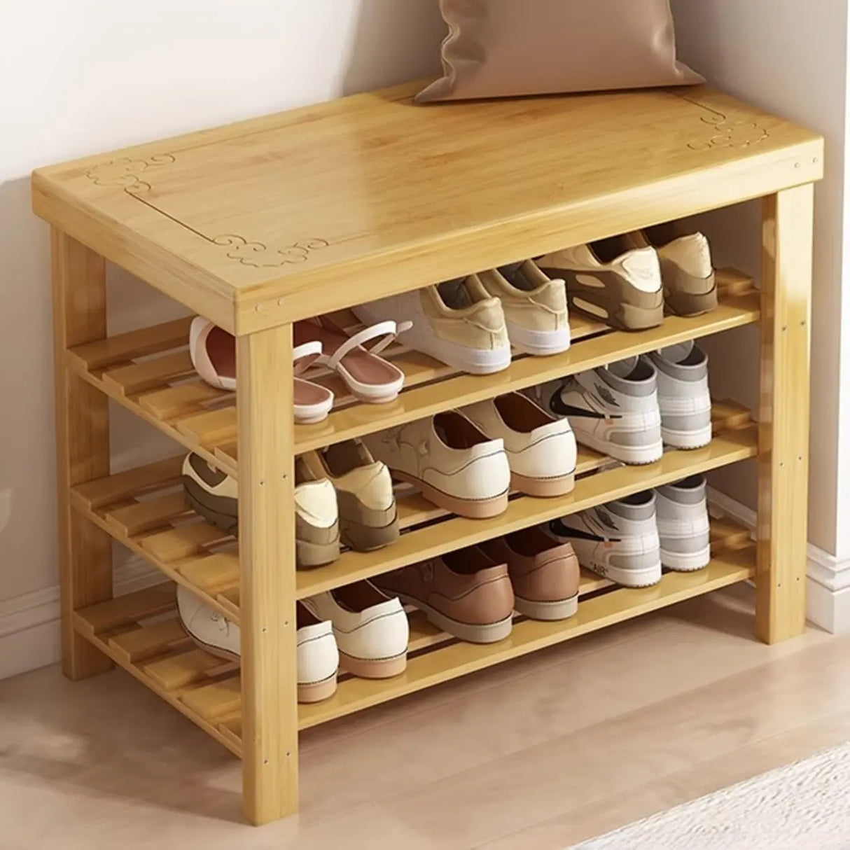Freestanding Wood Bench Entryway Brown Medium Shoe Rack Image - 3