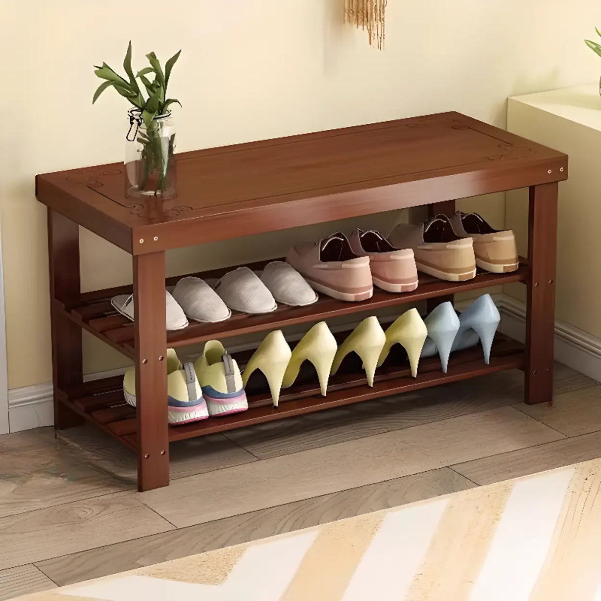 Freestanding Wood Bench Entryway Brown Medium Shoe Rack Image - 40