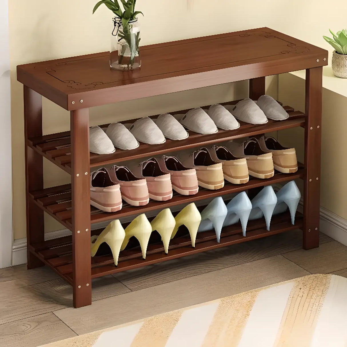 Freestanding Wood Bench Entryway Brown Medium Shoe Rack Image - 41