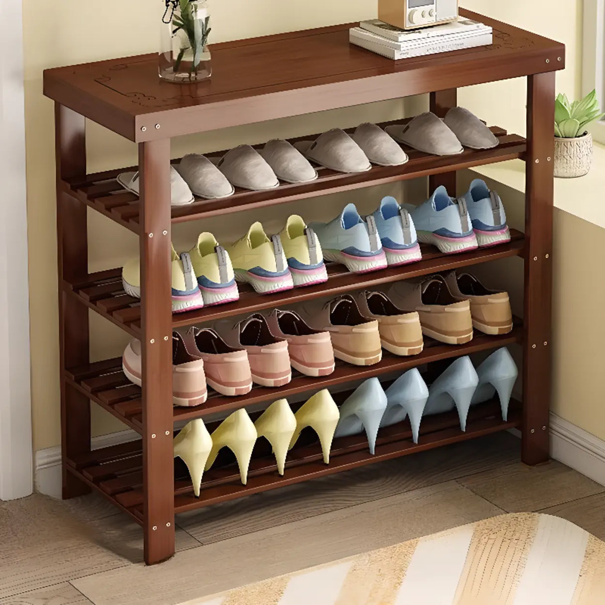 Freestanding Wood Bench Entryway Brown Medium Shoe Rack Image - 42
