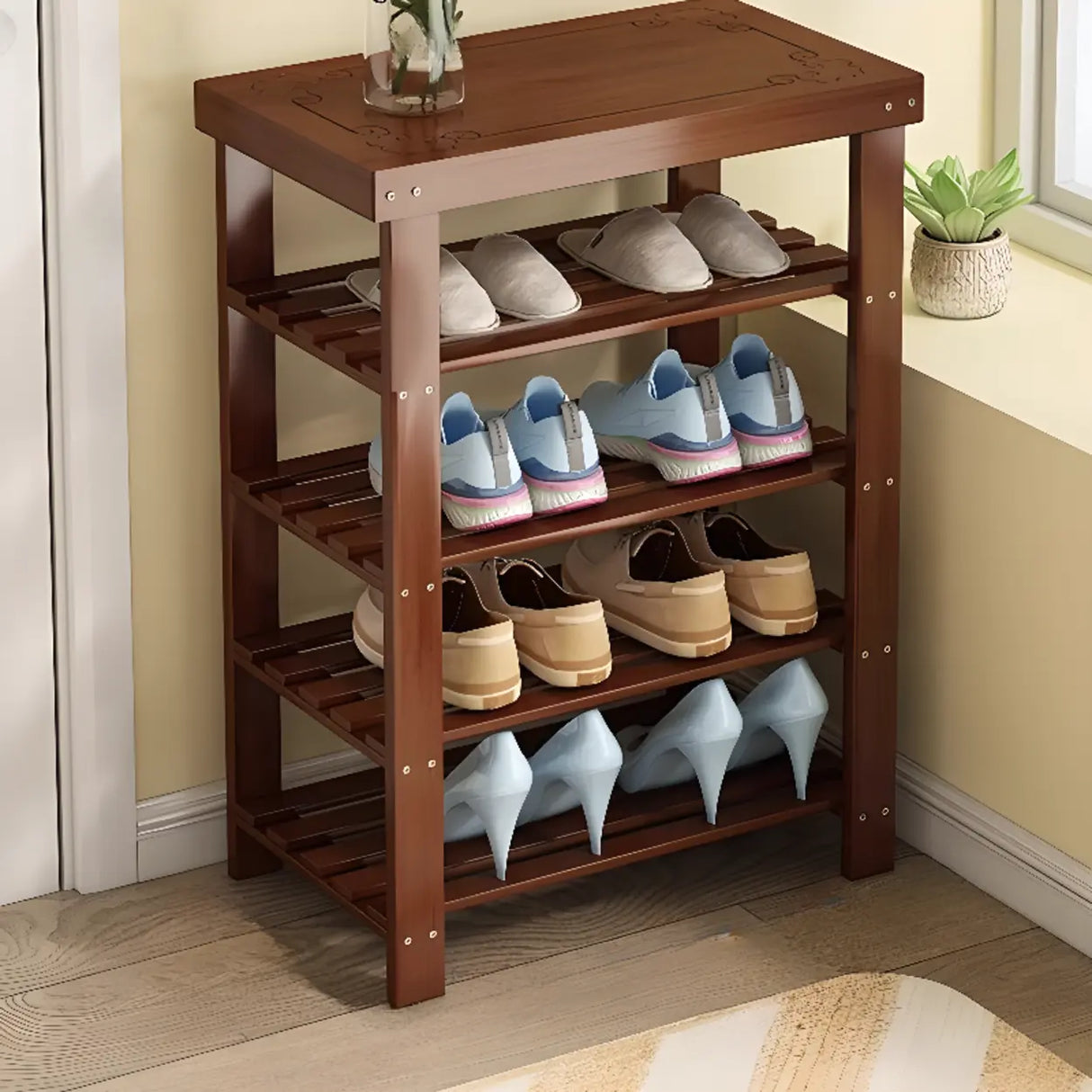 Freestanding Wood Bench Entryway Brown Medium Shoe Rack Image - 43