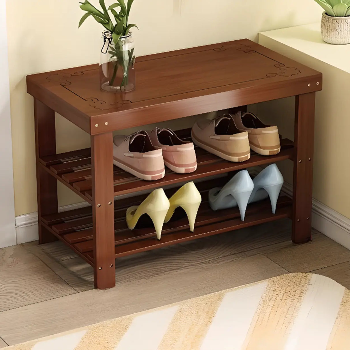 Freestanding Wood Bench Entryway Brown Medium Shoe Rack Image - 44