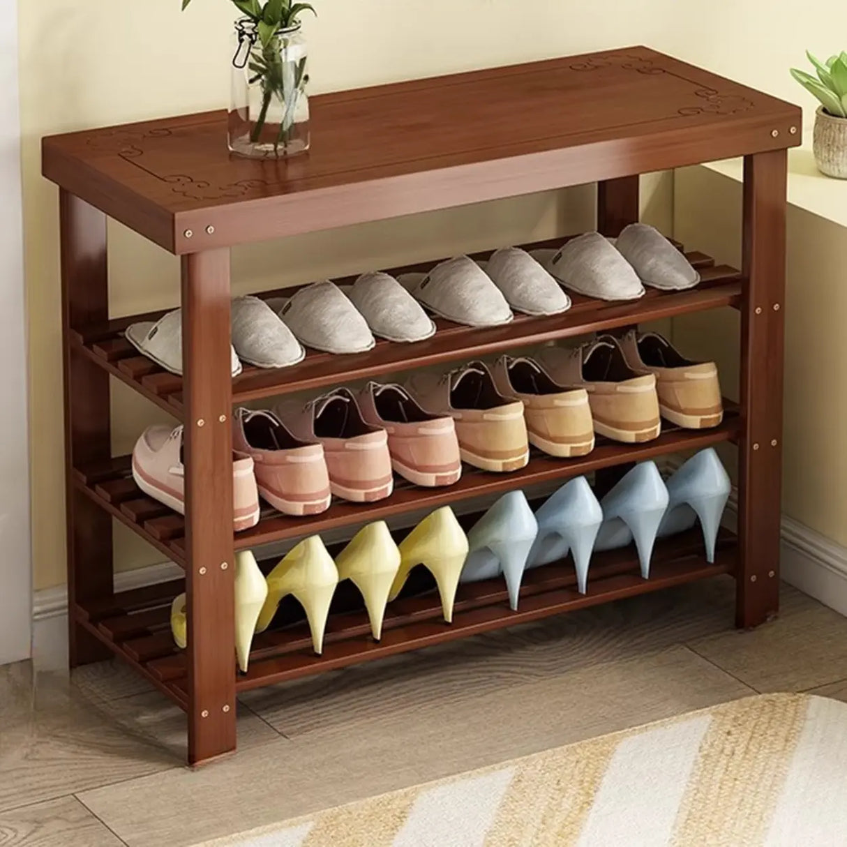 Freestanding Wood Bench Entryway Brown Medium Shoe Rack Image - 4