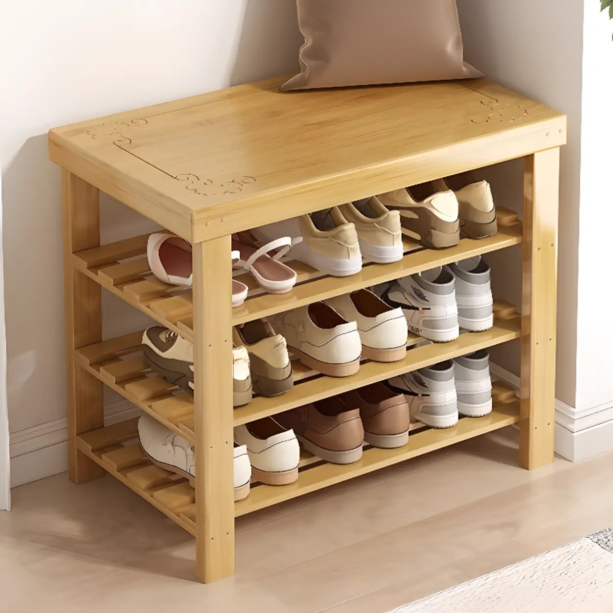 Freestanding Wood Bench Entryway Brown Medium Shoe Rack Image - 5