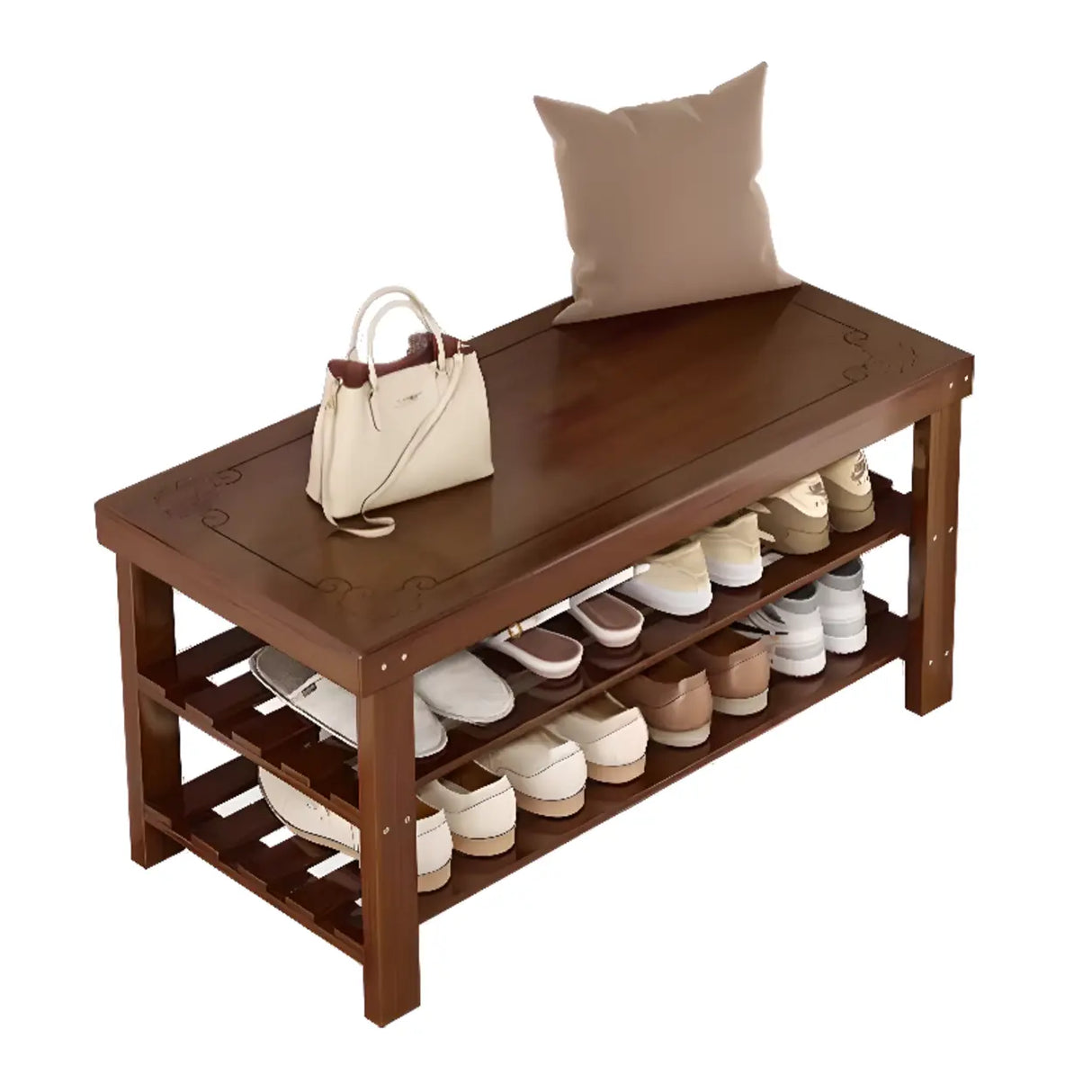 Freestanding Wood Bench Entryway Brown Medium Shoe Rack Image - 8