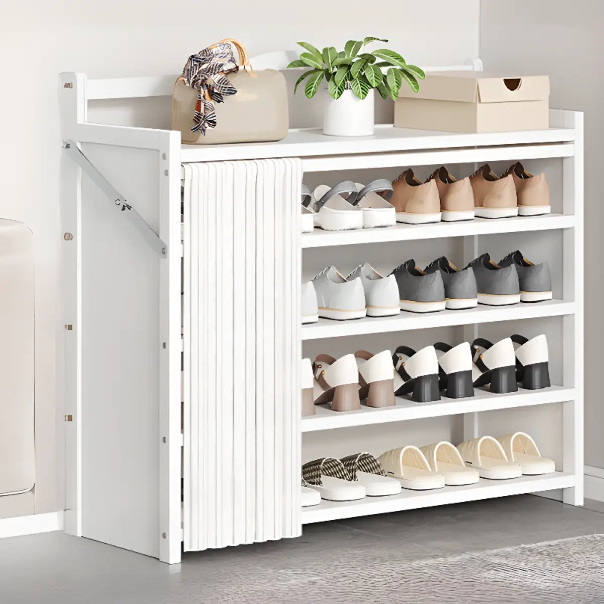 Freestanding Wood Entryway White Foldable Shoe Storage Image - 10
