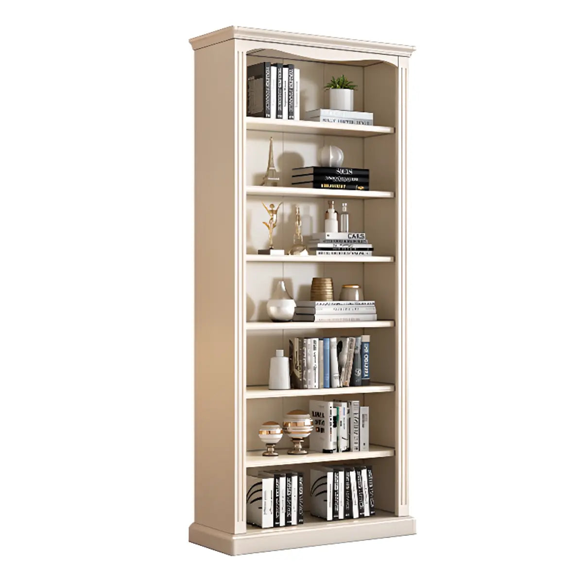 French Classic Vertical Beige Wood 6-Shelf Bookcase Image - 3