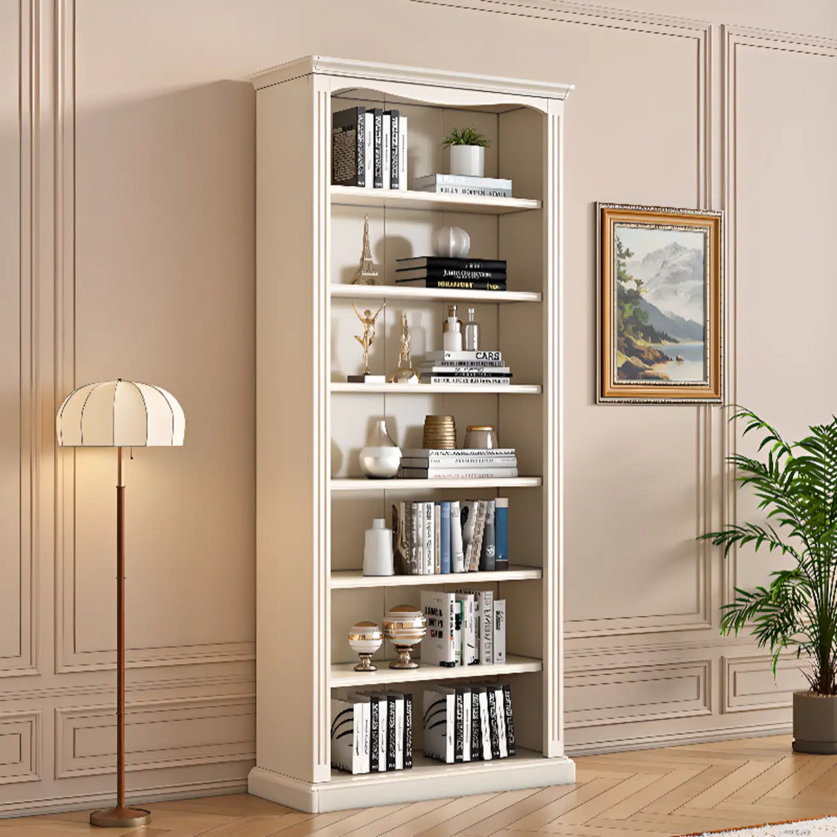 French Classic Vertical Beige Wood 6-Shelf Bookcase Image - 4