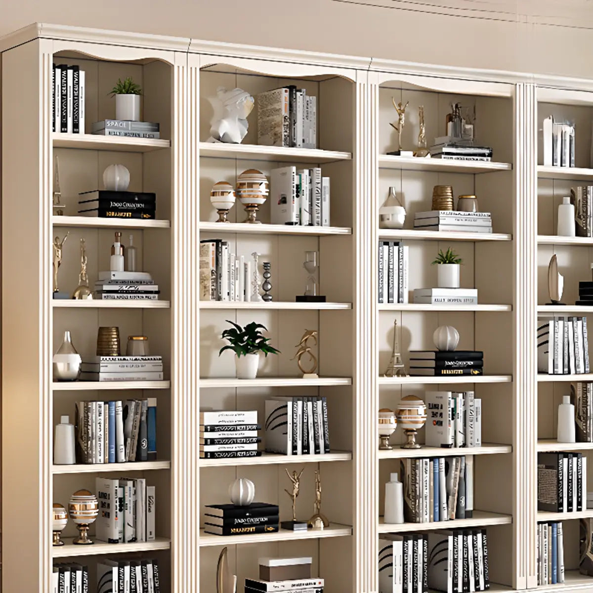 French Classic Vertical Beige Wood 6-Shelf Bookcase Image - 5
