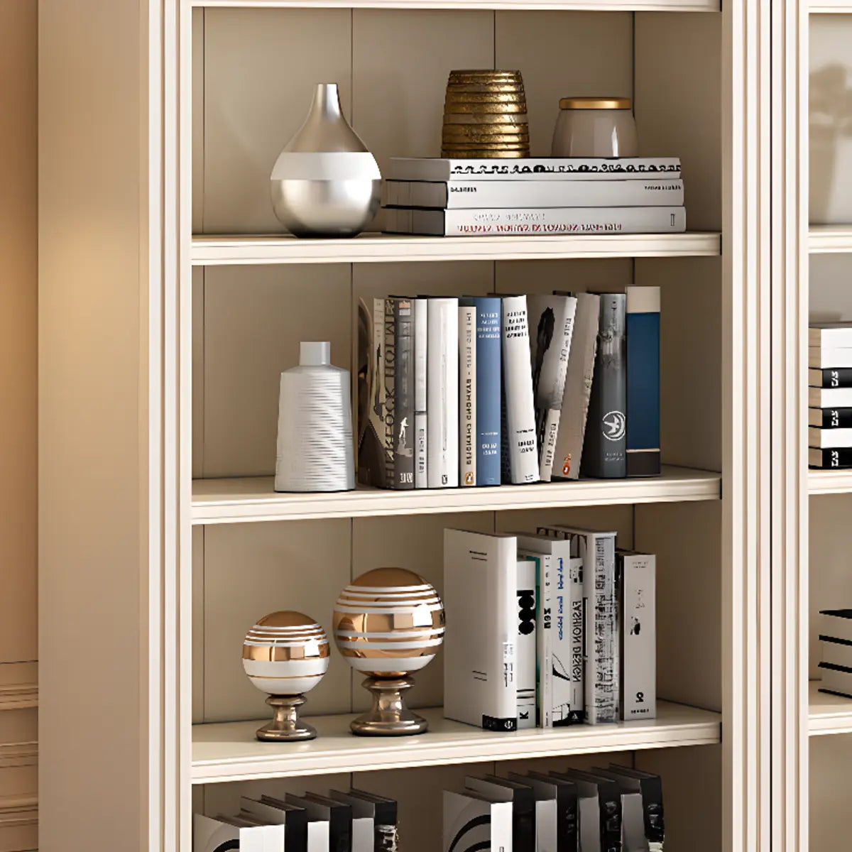 French Classic Vertical Beige Wood 6-Shelf Bookcase Image - 7