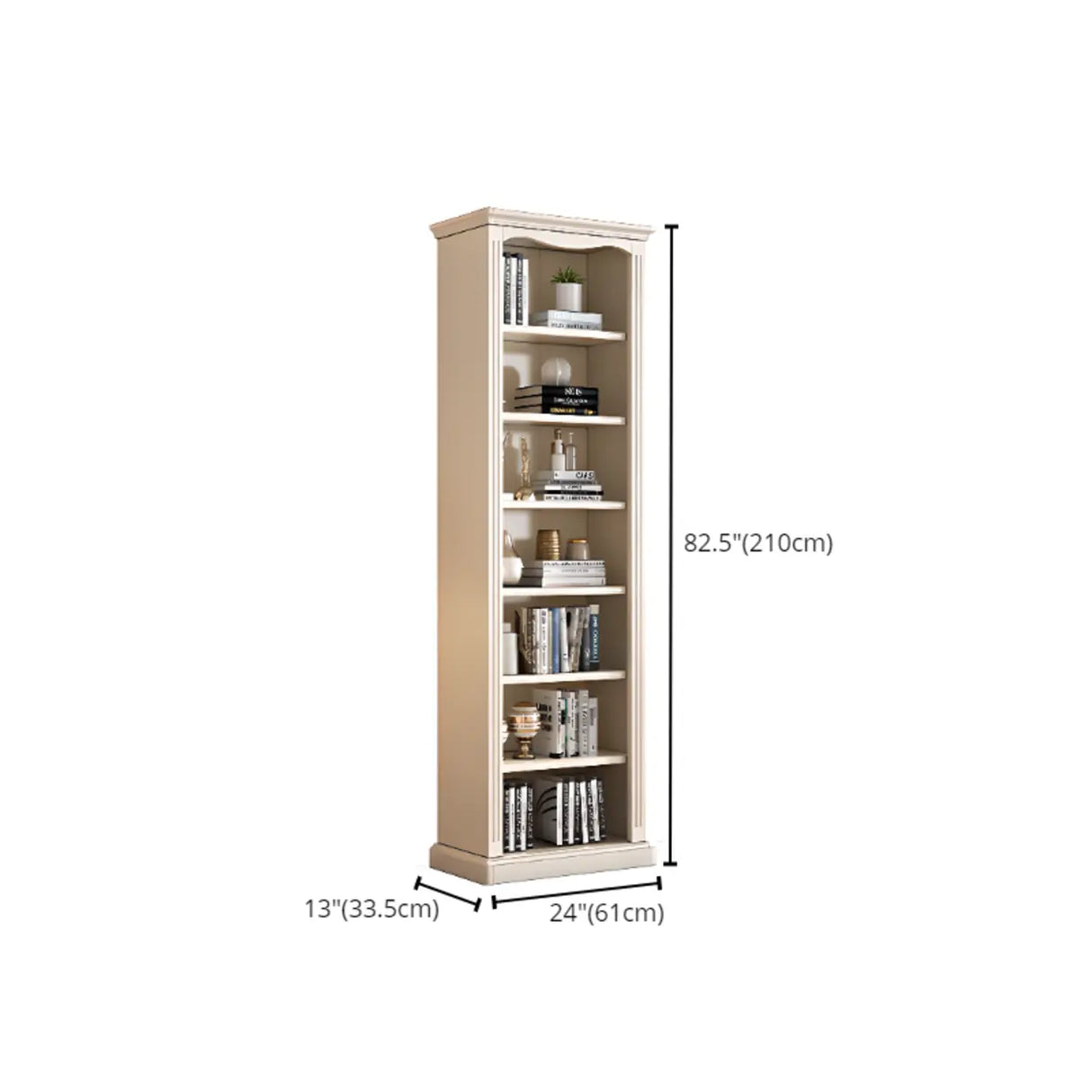 French Classic Vertical Beige Wood 6-Shelf Bookcase 