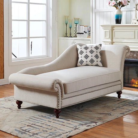 French Country Beige Linen Upholstered Right-Arm Chaise Image - 2
