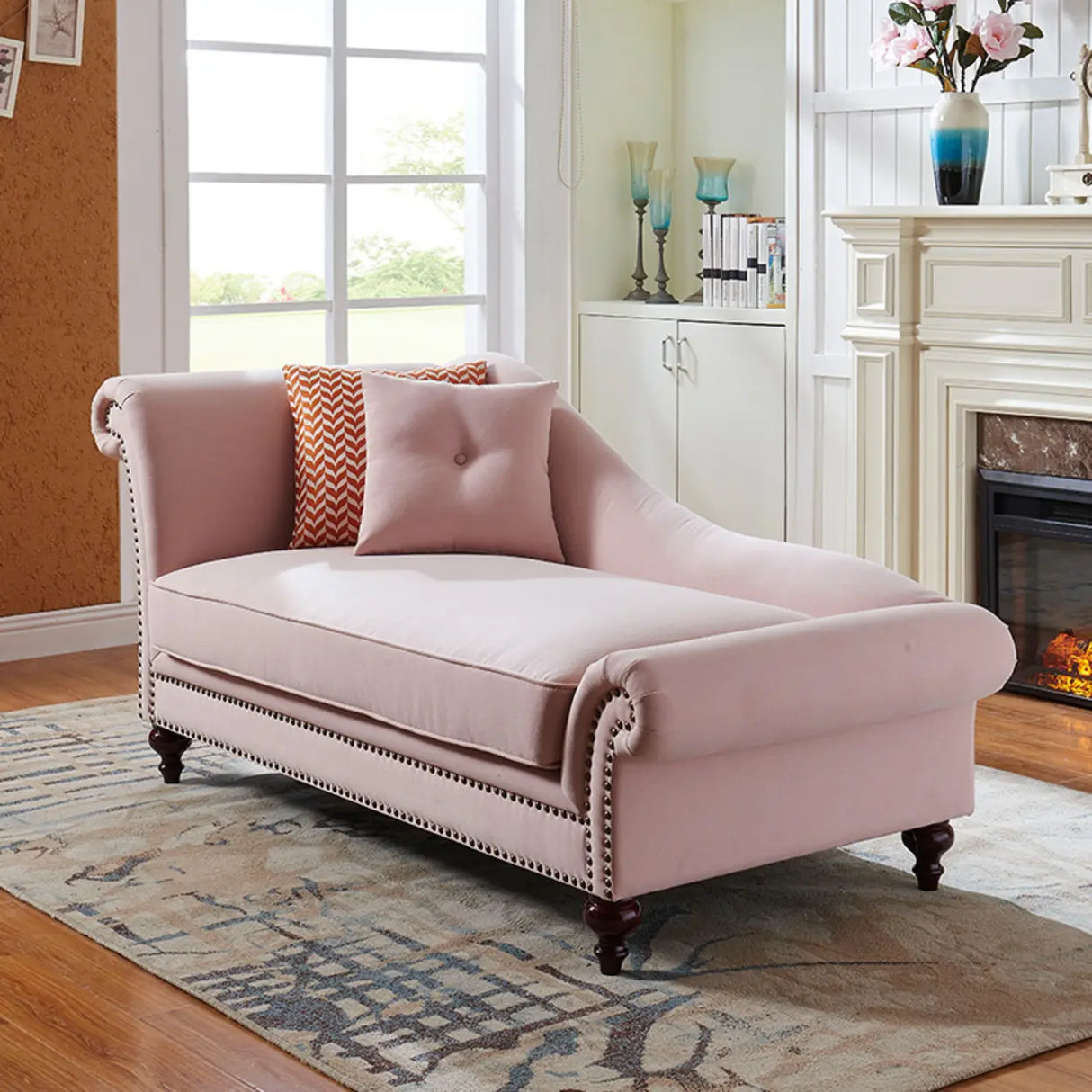 French Country Beige Linen Upholstered Right-Arm Chaise Image - 3