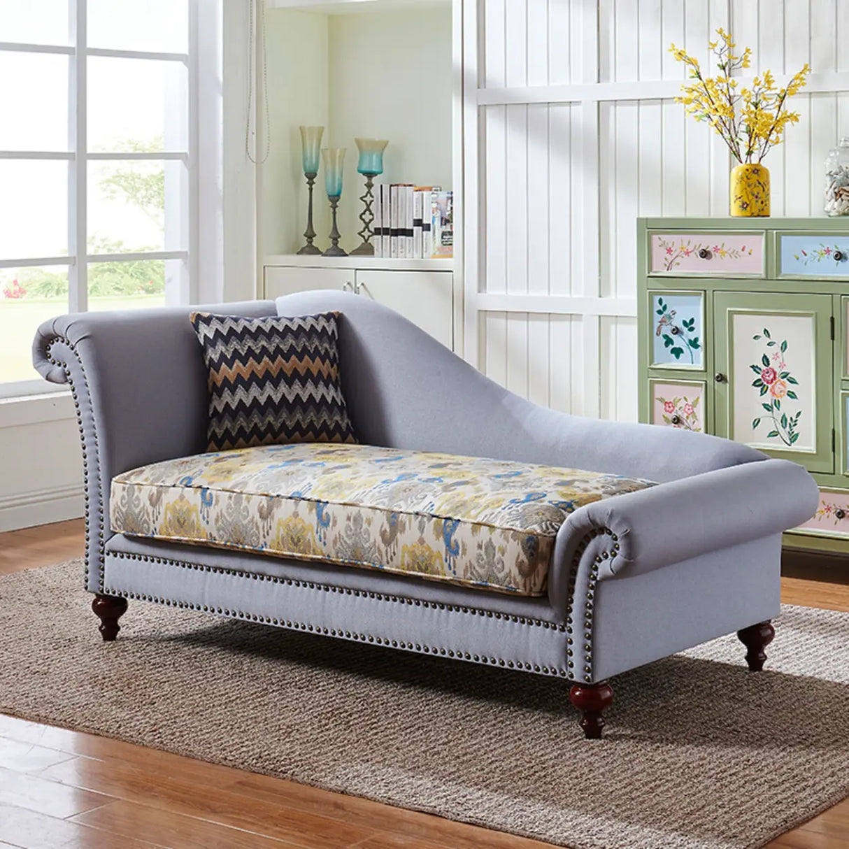 French Country Beige Linen Upholstered Right-Arm Chaise Image - 5