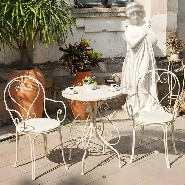 French Country Iron Round Weatherproof Patio Dining Set - Table / White / Zero