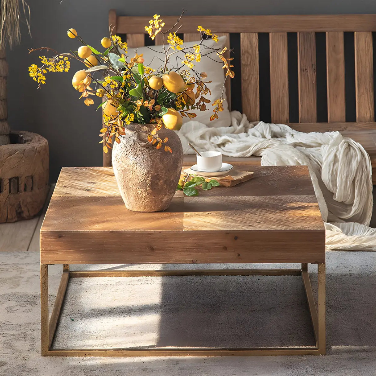 French Country Natural Finish Wooden Coffee Table Image - 12