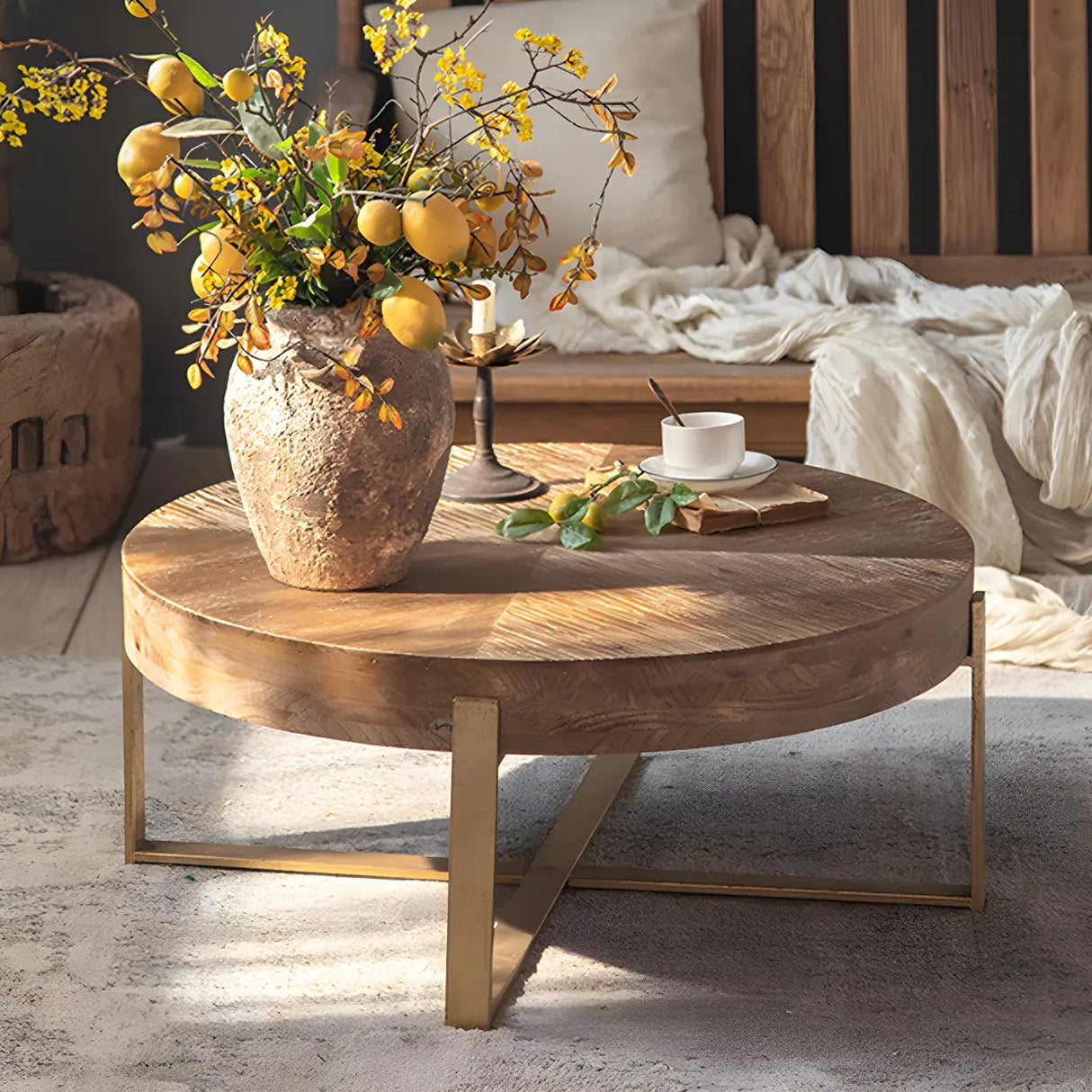 French Country Natural Finish Wooden Coffee Table Image - 3