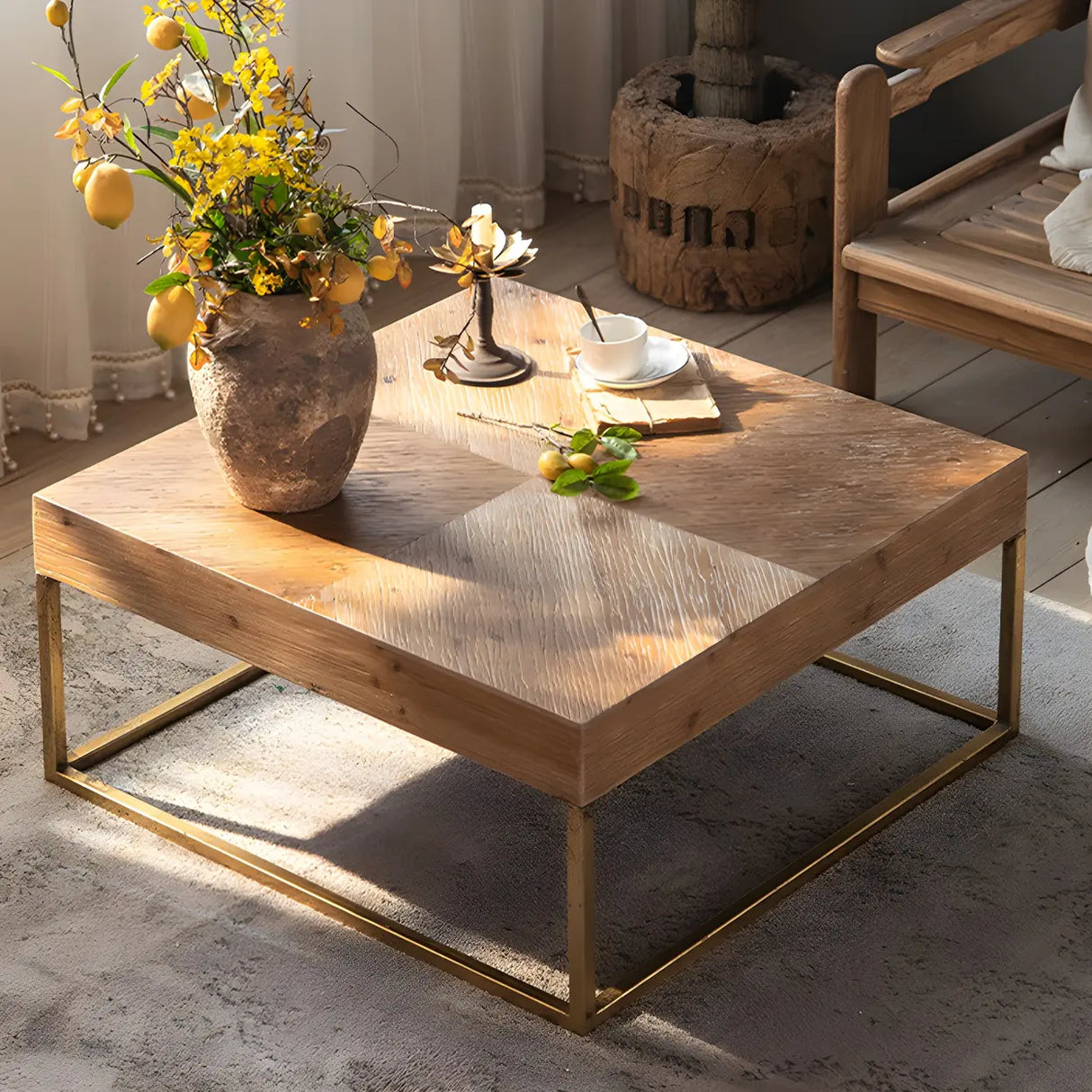 French Country Natural Finish Wooden Coffee Table Image - 4