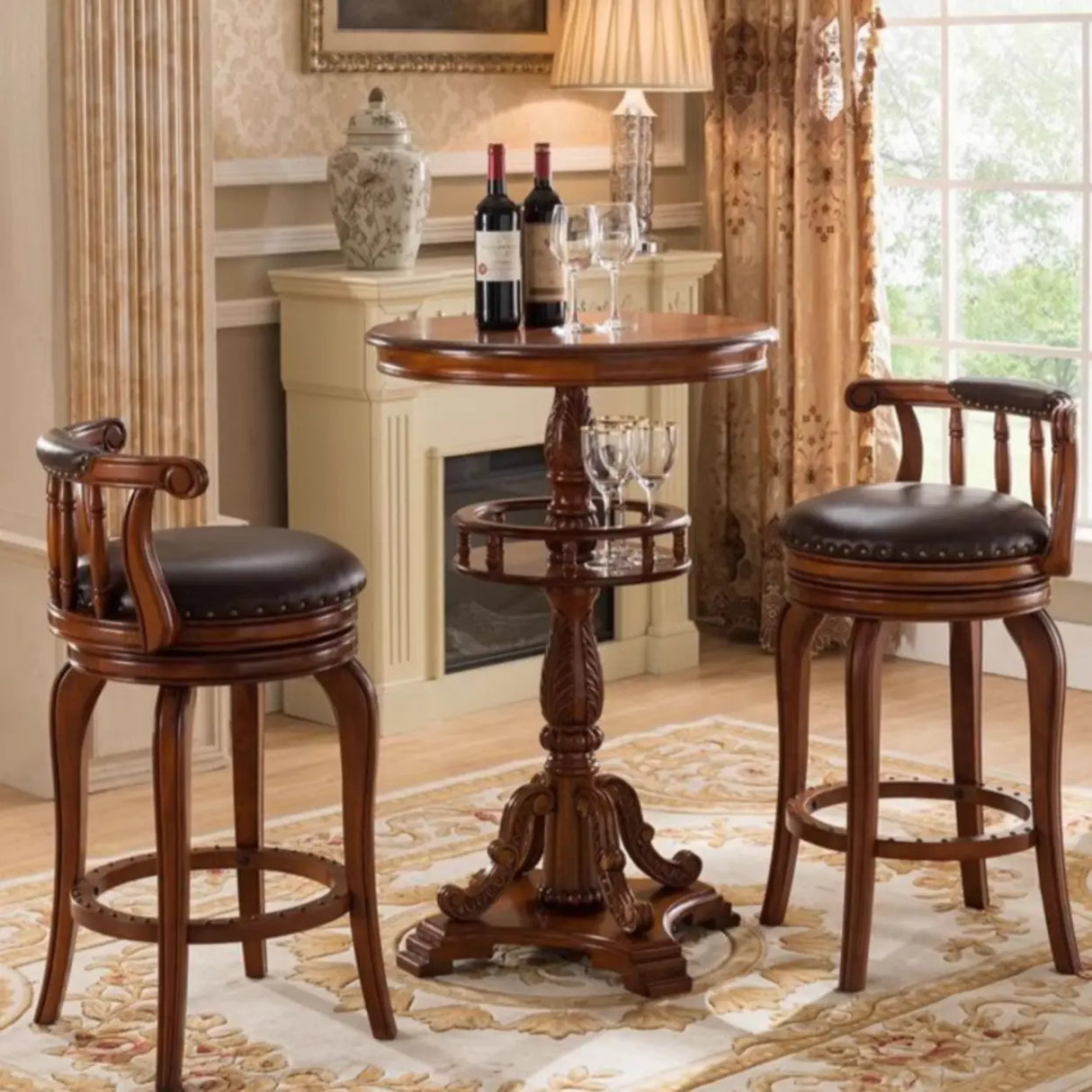 French Country Small Round Wooden Bar Table with Shelf Image - 3