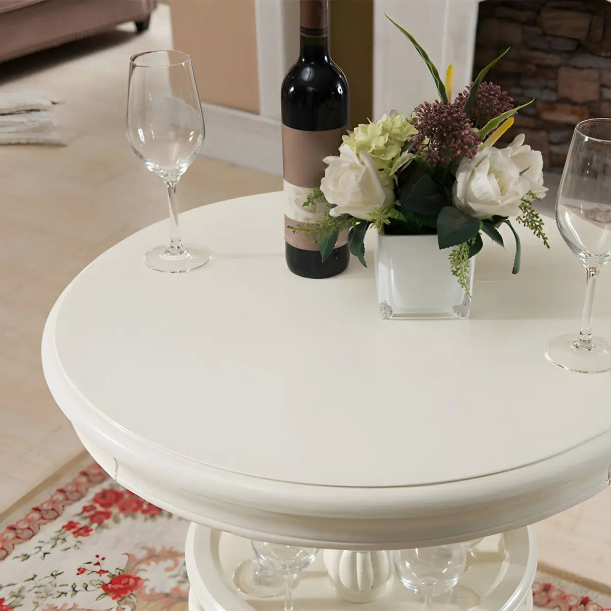 French Country Small Round Wooden Bar Table with Shelf Image - 5