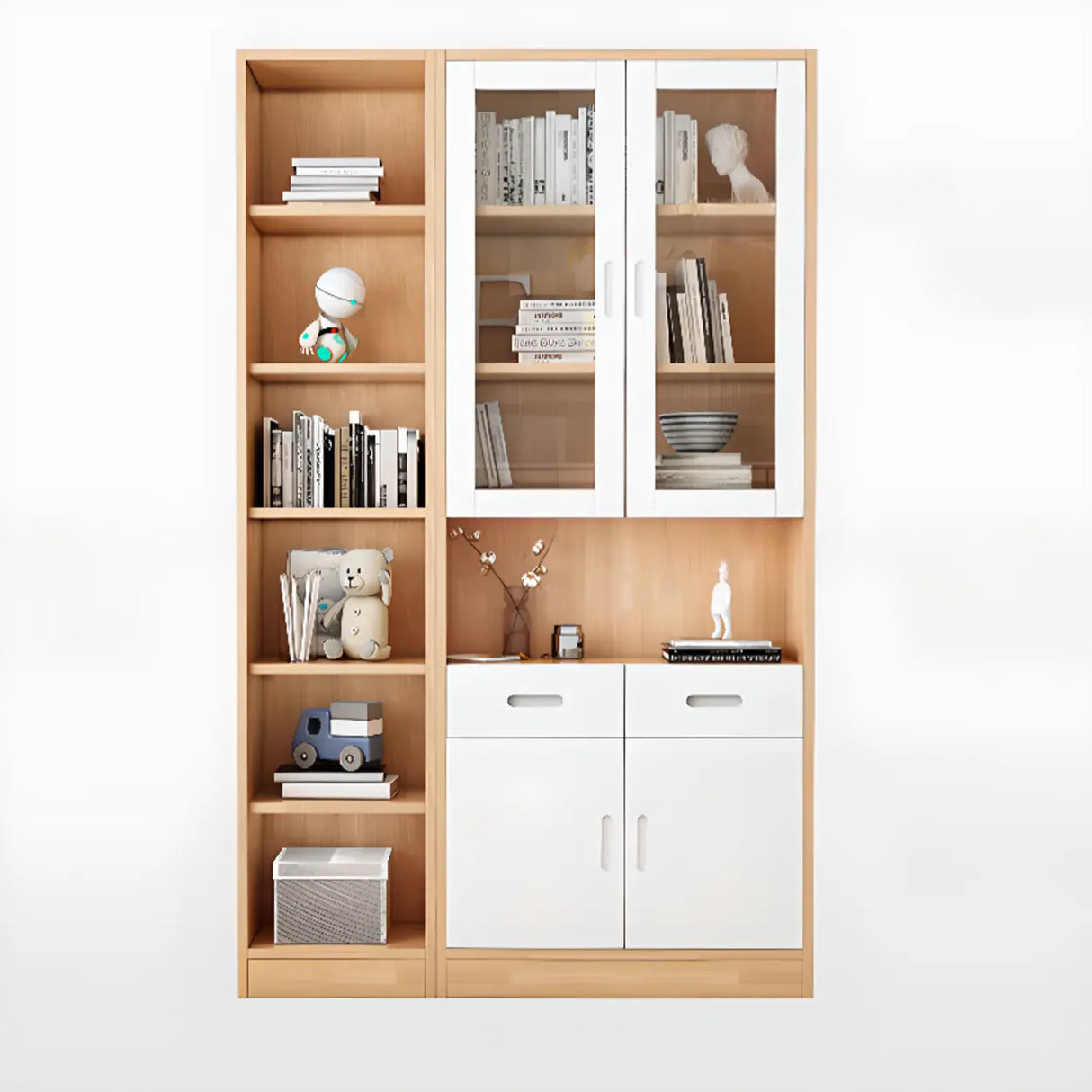 French Style Glass Doors Closed Back Wood Tall Bookcase Image - 12