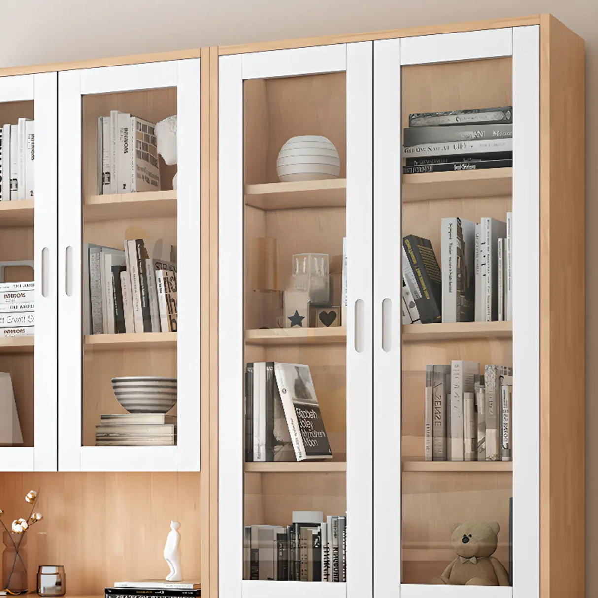 French Style Glass Doors Closed Back Wood Tall Bookcase Image - 13