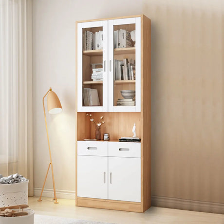 French Style Glass Doors Closed Back Wood Tall Bookcase Image - 2