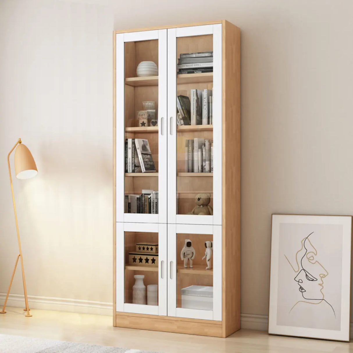 French Style Glass Doors Closed Back Wood Tall Bookcase Image - 3