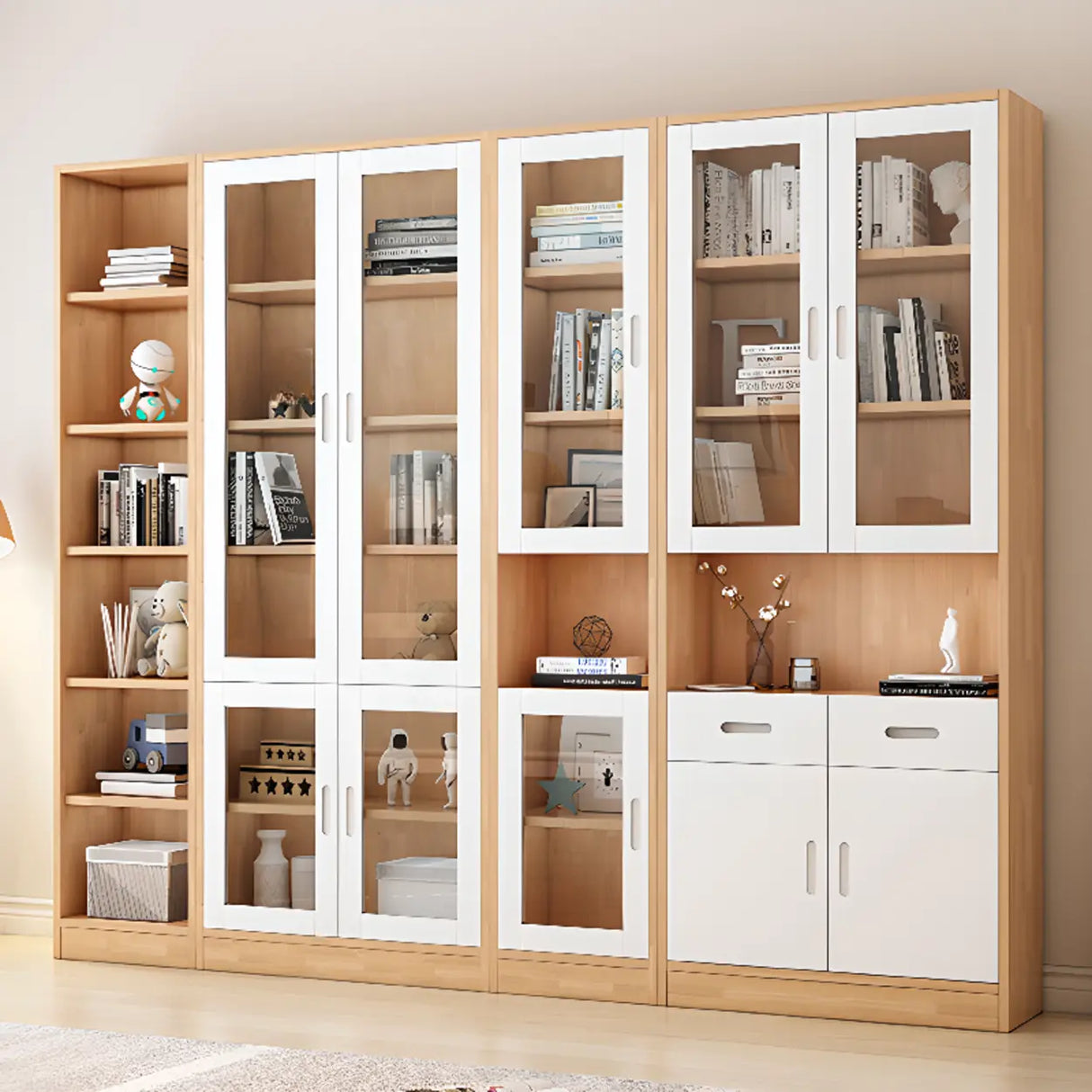 French Style Glass Doors Closed Back Wood Tall Bookcase Image - 4