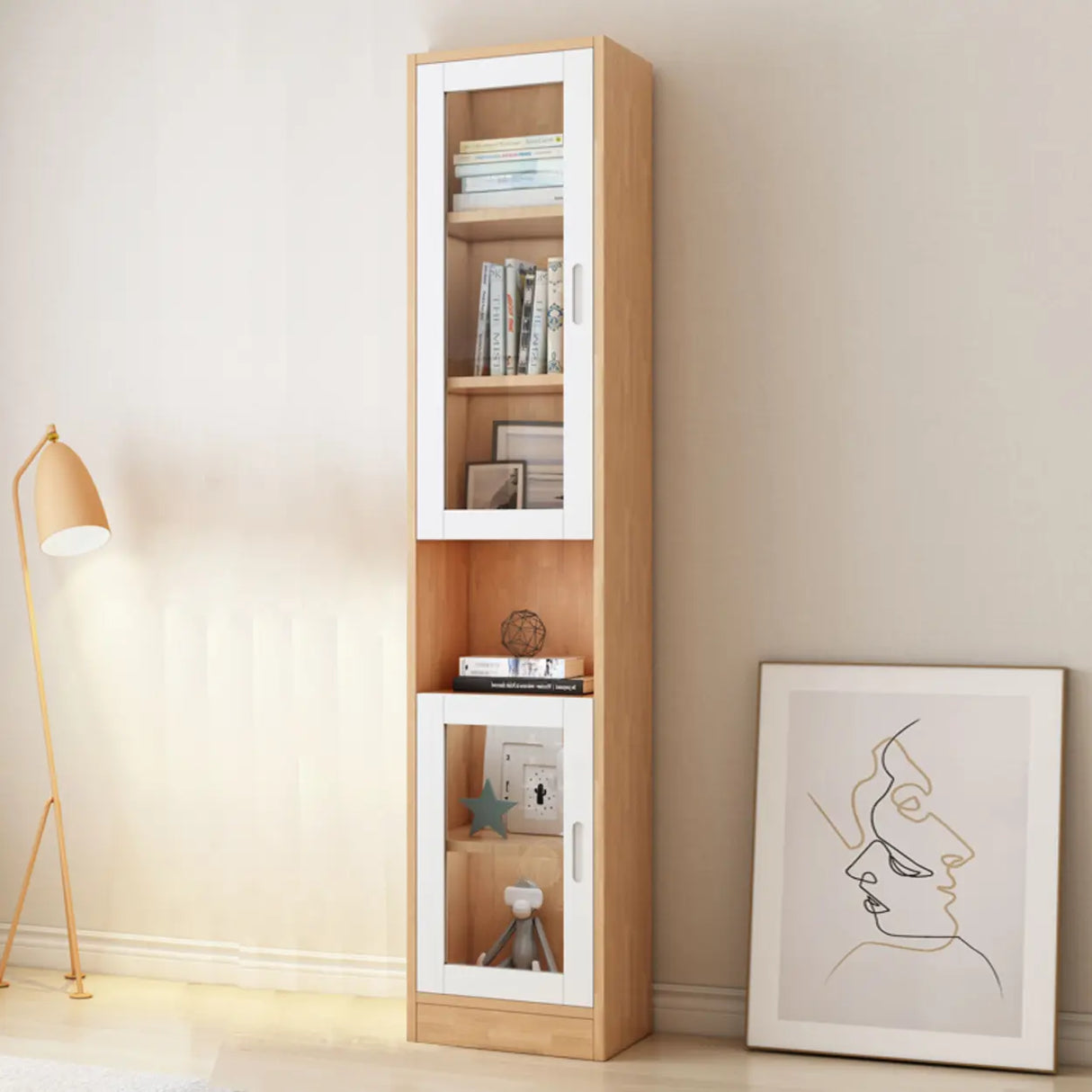 French Style Glass Doors Closed Back Wood Tall Bookcase Image - 5
